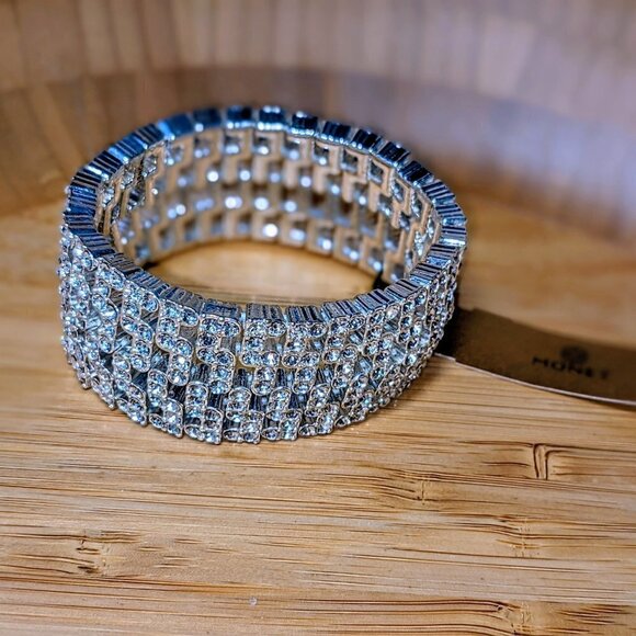 Vintage Monet Silver Rhinestone Glam Stretch Bracelet NWT - Picture 1 of 4